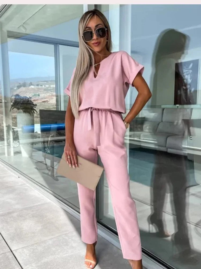 Combinaison Femme Légère En Viscose Encolure en V Manches Courtes Taille Elastique Look Décontracté