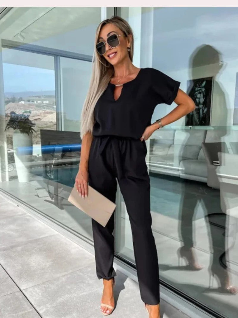 Combinaison Femme Légère En Viscose Encolure en V Manches Courtes Taille Elastique Look Décontracté