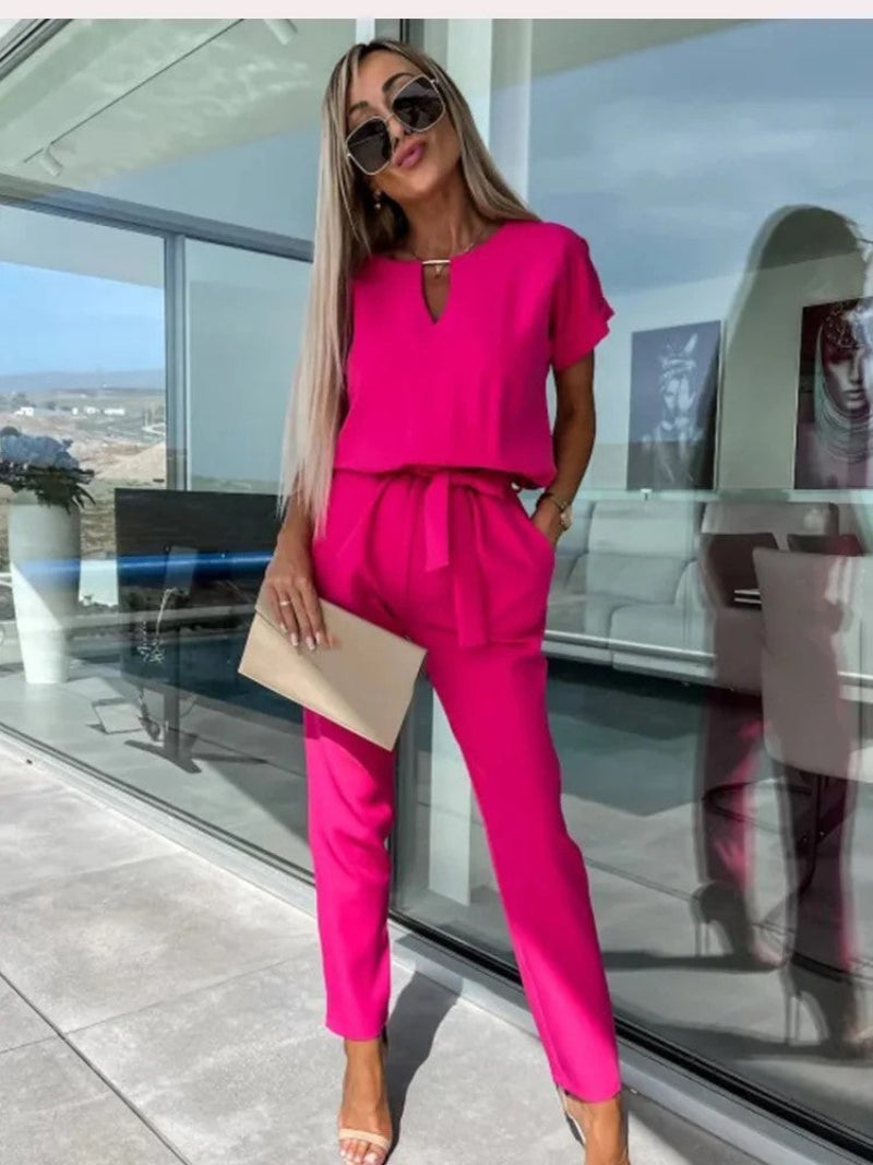 Combinaison Femme Légère En Viscose Encolure en V Manches Courtes Taille Elastique Look Décontracté