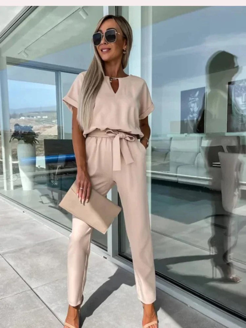 Combinaison Femme Légère En Viscose Encolure en V Manches Courtes Taille Elastique Look Décontracté