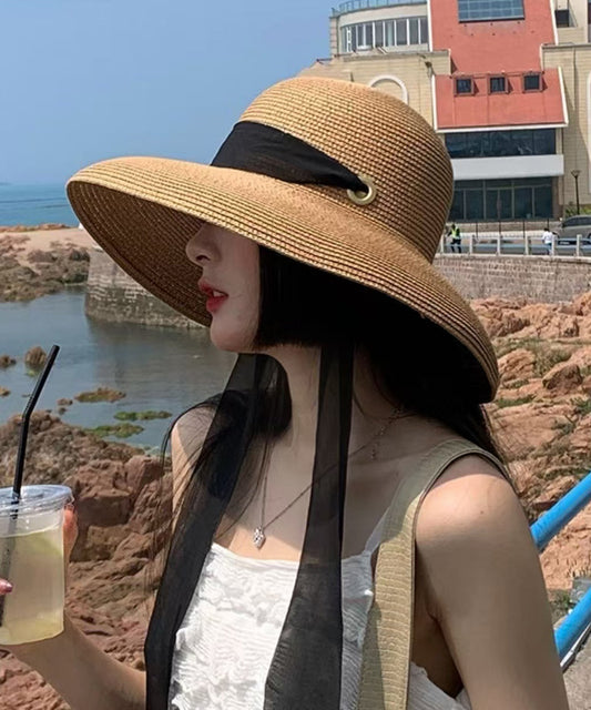 Chapeau de soleil d'été polyvalent en paille tissée kaki de style français - Amawinc
