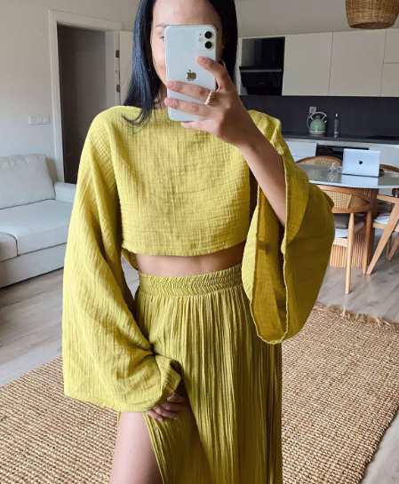 Ensemble Deux Pièces Sylvia En Gazé Mousseline Haut Crop À Manches Larges Jupe Maxi À Fente
