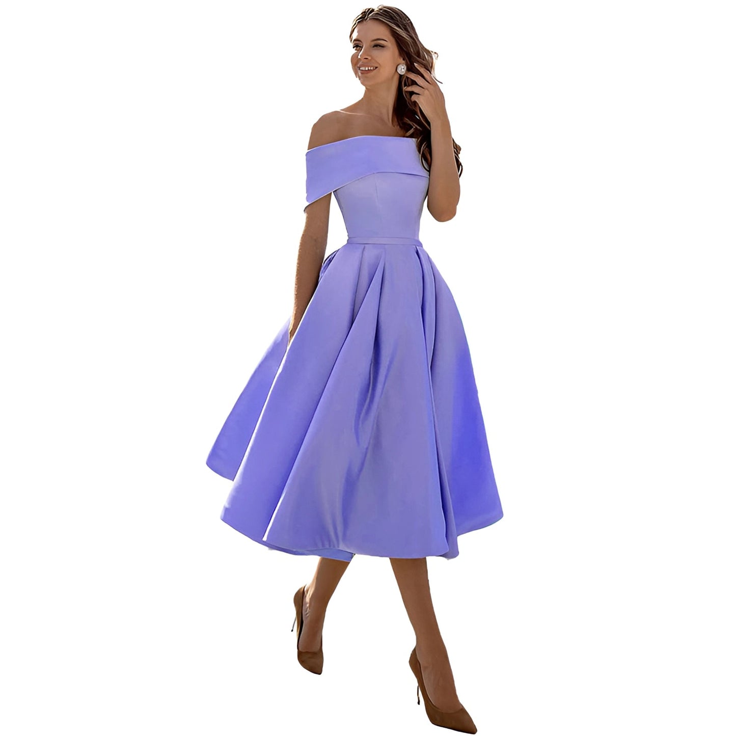 Himmelblaues Satin Off-Shoulder Kleid von Fudus