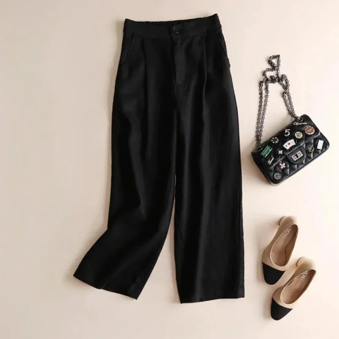 Pantalon Lin Mélange Terry À Taille Haute À Jambe Large Avec Plis Pour Bureau Et Décontracté