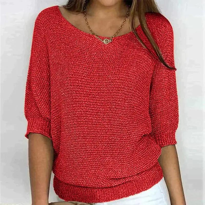 Pull En Maille Texturée Pour Femme Avec Encolure Large Et Manches Mi Coupe Décontractée Pour Superposer En Automne
