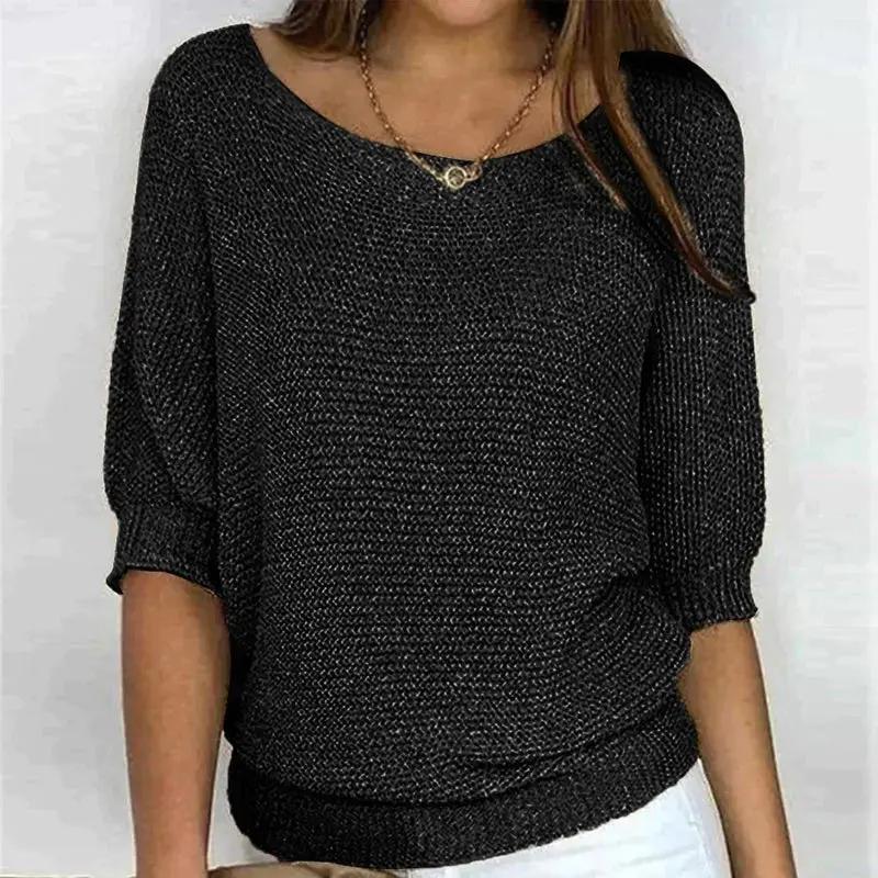 Pull En Maille Texturée Pour Femme Avec Encolure Large Et Manches Mi Coupe Décontractée Pour Superposer En Automne