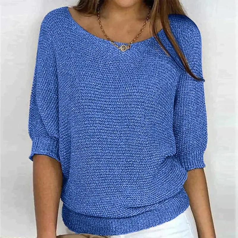 Pull En Maille Texturée Pour Femme Avec Encolure Large Et Manches Mi Coupe Décontractée Pour Superposer En Automne