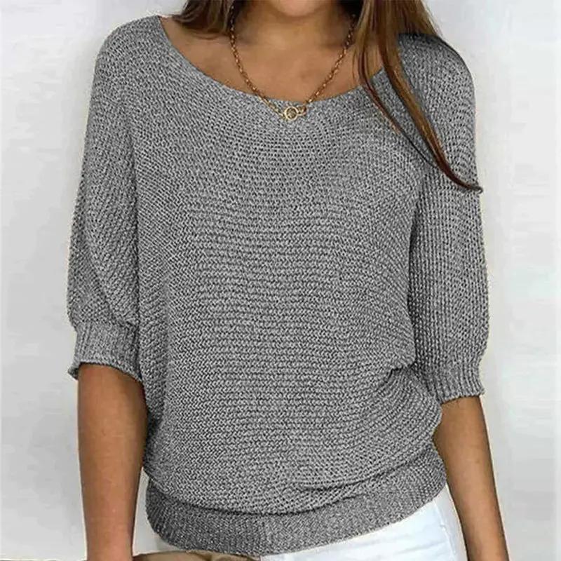 Pull En Maille Texturée Pour Femme Avec Encolure Large Et Manches Mi Coupe Décontractée Pour Superposer En Automne