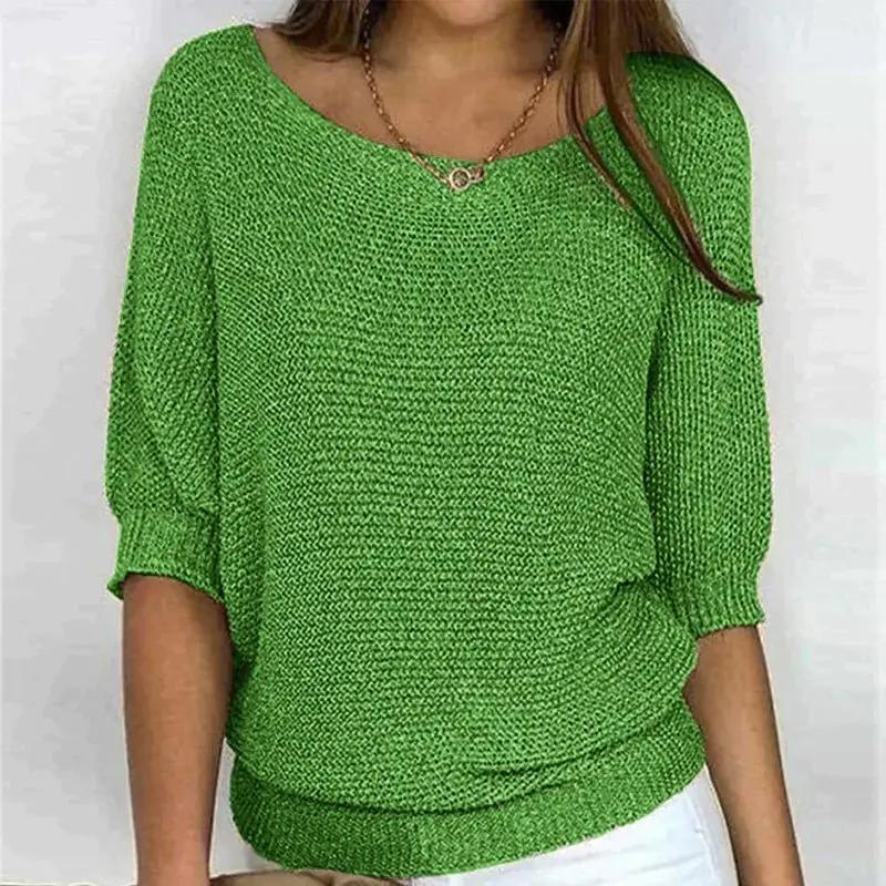 Pull En Maille Texturée Pour Femme Avec Encolure Large Et Manches Mi Coupe Décontractée Pour Superposer En Automne