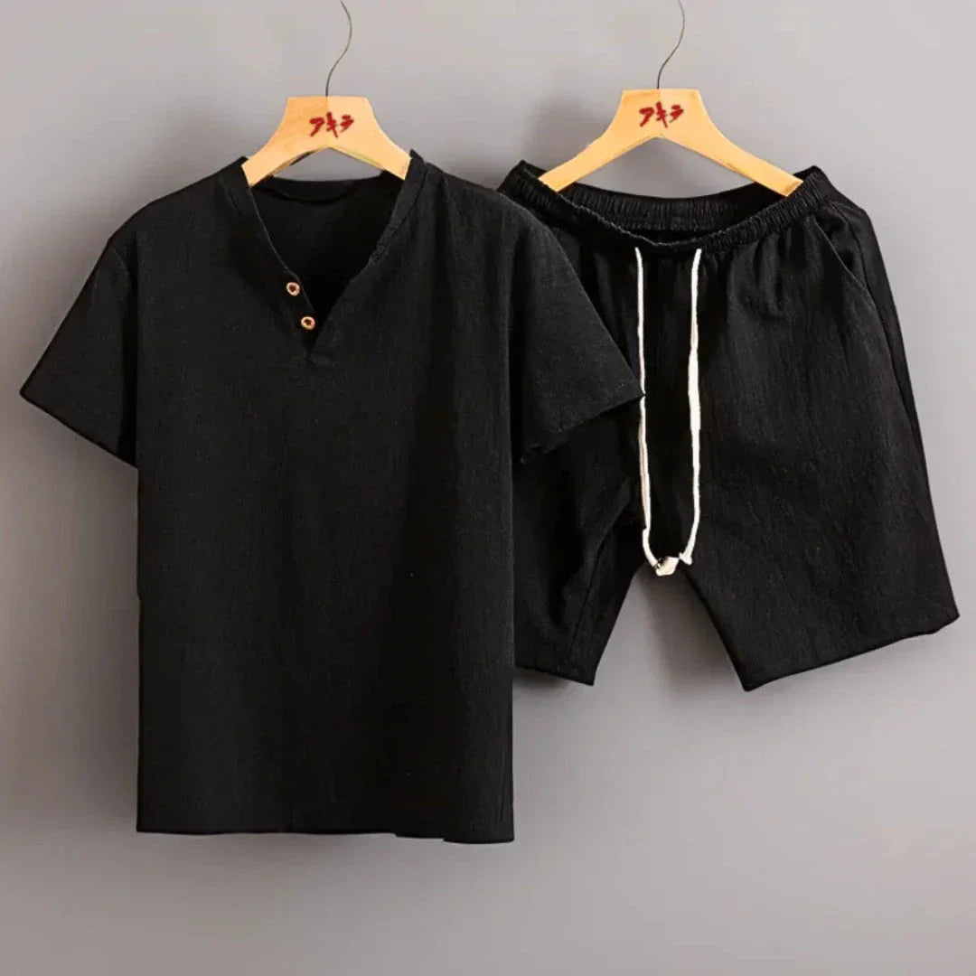 Waylynn Theo Ensemble Deux Pièces Look Lin Léger Tee À Boutons Et Short Taille Élastique Pour Femme
