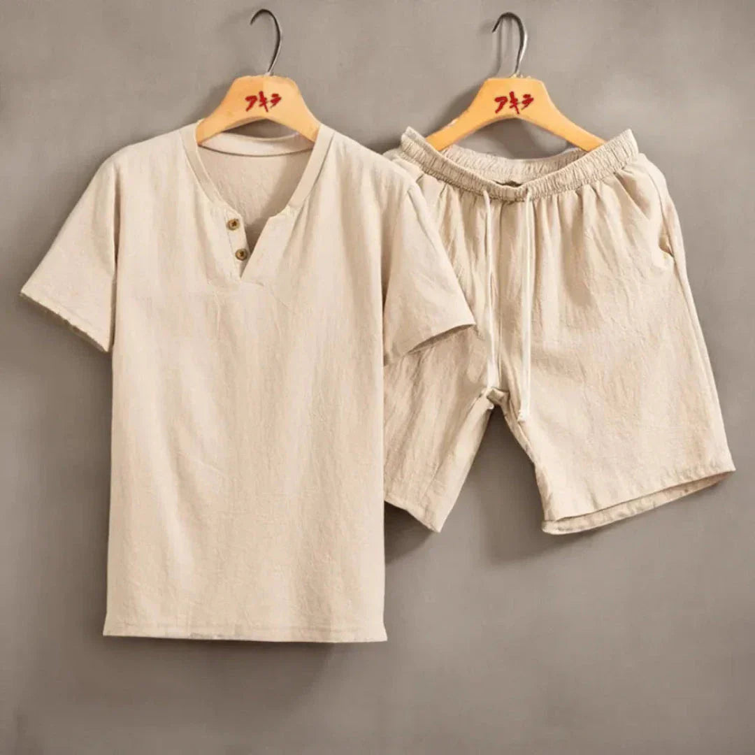 Waylynn Theo Ensemble Deux Pièces Look Lin Léger Tee À Boutons Et Short Taille Élastique Pour Femme
