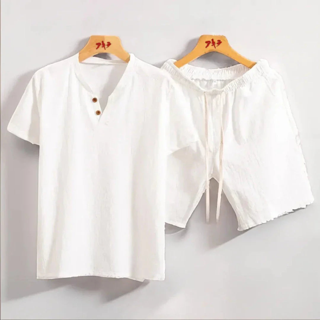 Waylynn Theo Ensemble Deux Pièces Look Lin Léger Tee À Boutons Et Short Taille Élastique Pour Femme