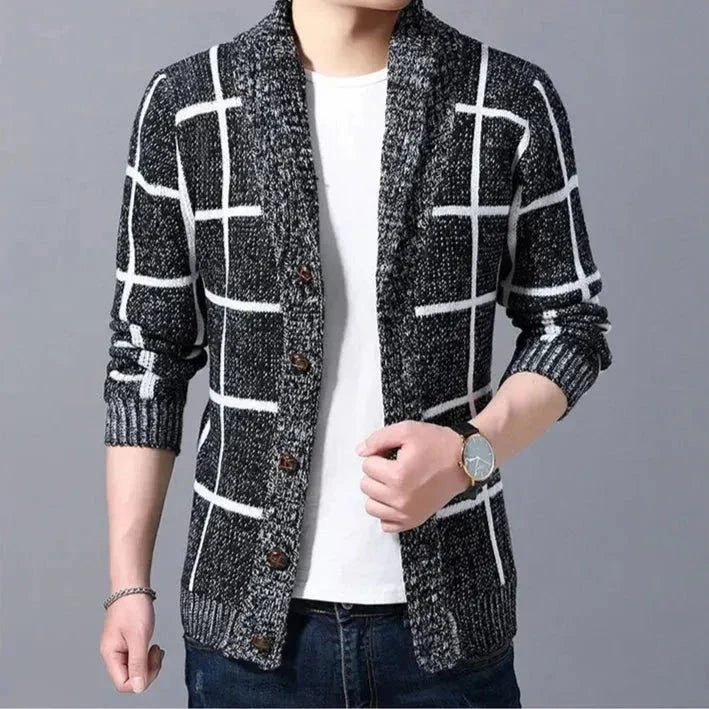 Theo Cardigan À Carreaux Avec Col Châle Tricot Texturé Confort Moderne Pour Toutes Occasions