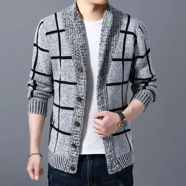 Theo Cardigan À Carreaux Avec Col Châle Tricot Texturé Confort Moderne Pour Toutes Occasions