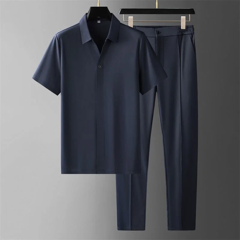 Ensemble Élégant Theodore Willow Avec Chemise À Manches Courtes Col V Raffiné Et Pantalon Confortable
