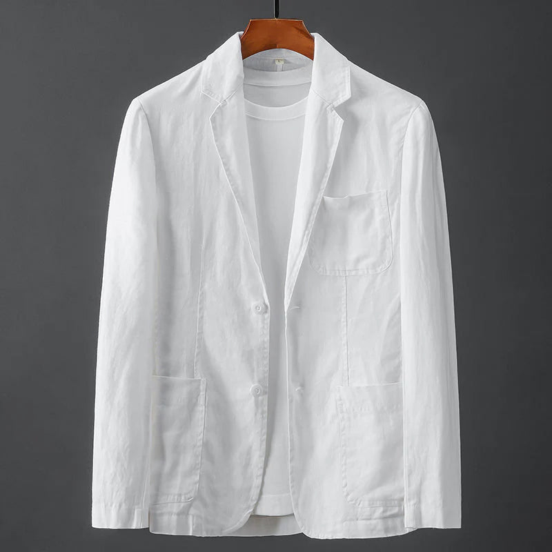 Blazer Théodore Willow Île Émeraude en Lin Mélangé Col en Revers Fermeture Boutons Poches Multiples Printanier