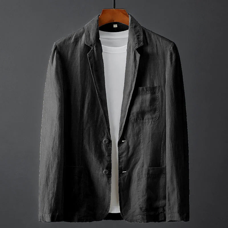 Blazer Théodore Willow Île Émeraude en Lin Mélangé Col en Revers Fermeture Boutons Poches Multiples Printanier