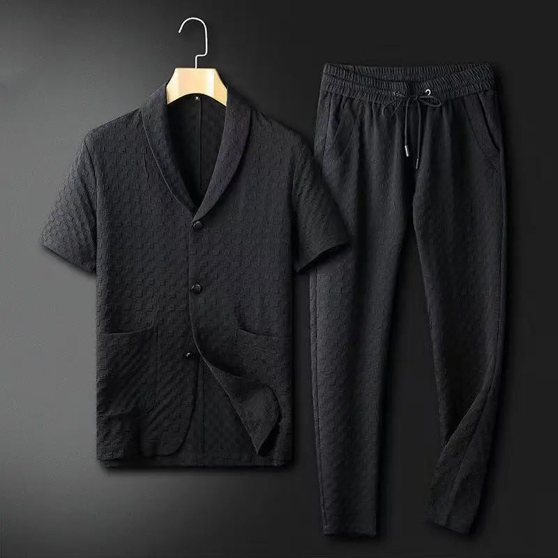 Ensemble Blazer Pantalon Pour Homme Décontracté Manches Courtes Tissu Coton Respirant Texturé Ajustement Relaxé