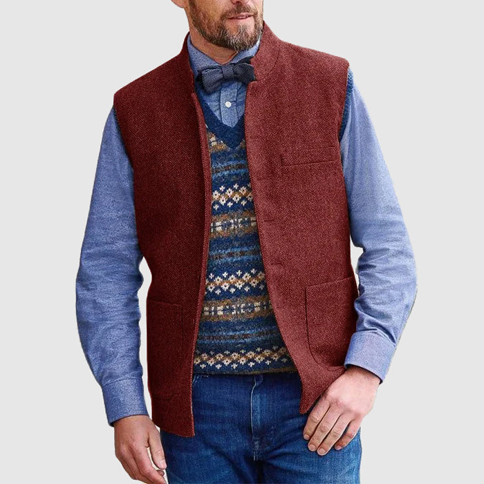 Gilet Homme En Mélange De Laine Avec Col Debout Ajusté Longueur Hanche Poches Utiles Amawinc