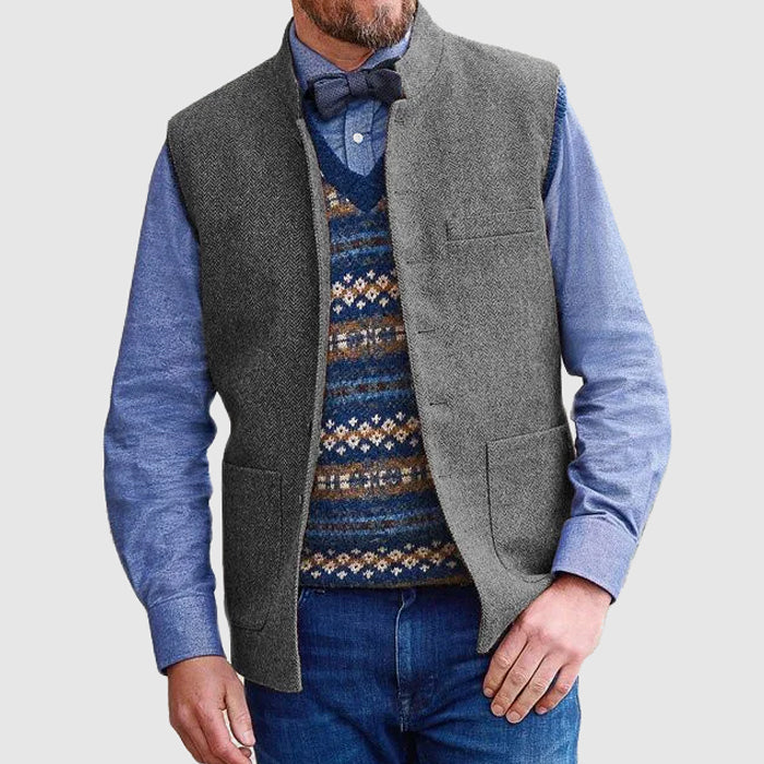 Gilet Homme En Mélange De Laine Avec Col Debout Ajusté Longueur Hanche Poches Utiles Amawinc