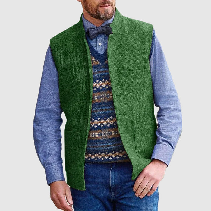 Gilet Homme En Mélange De Laine Avec Col Debout Ajusté Longueur Hanche Poches Utiles Amawinc