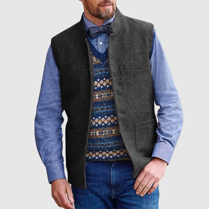 Gilet Homme En Mélange De Laine Avec Col Debout Ajusté Longueur Hanche Poches Utiles Amawinc