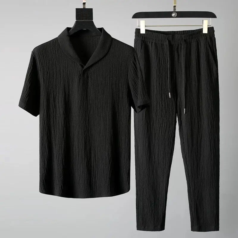 Ensemble Confort Theodore Willow Seaside Avec Chemise Col V Manches Courtes Et Pantalon Élastique Avec Cordon Ajustable