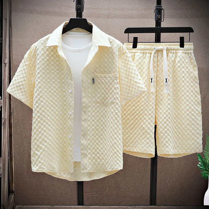 Ensemble Streetwear Pour Homme Amawinc Chemise Texturée Et Short À Fermeture Par Bouton Et Cordon