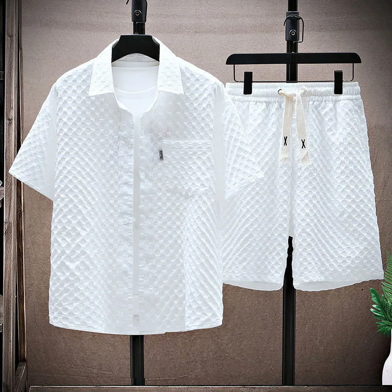 Ensemble Streetwear Pour Homme Amawinc Chemise Texturée Et Short À Fermeture Par Bouton Et Cordon