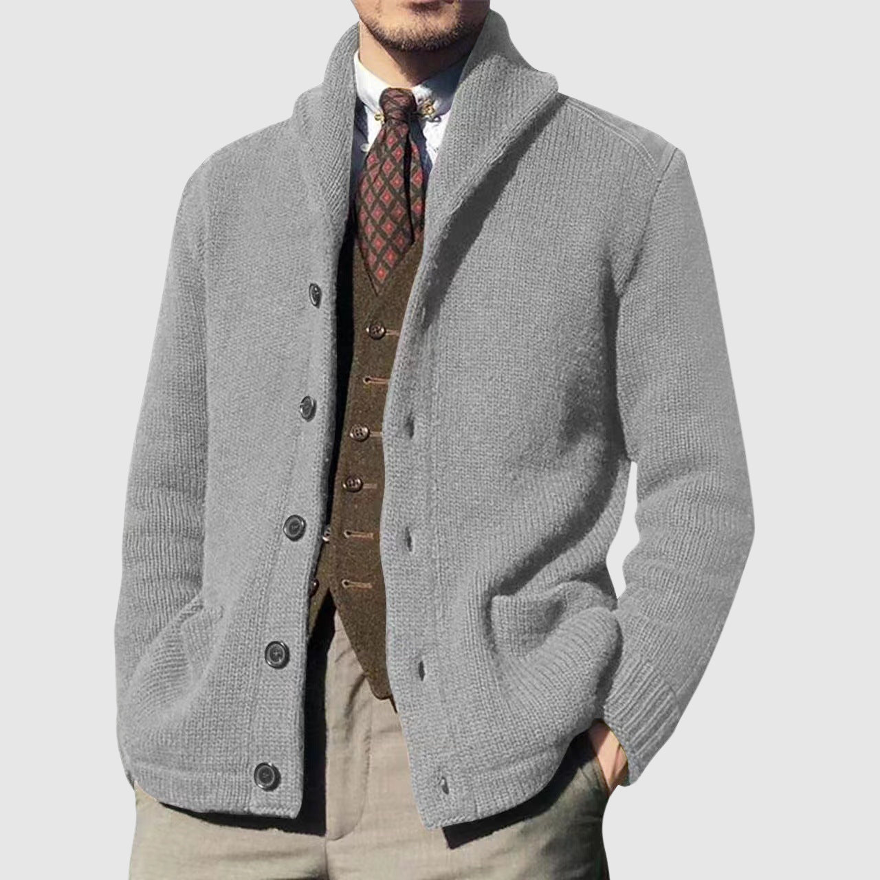 Cardigan Tricot Vintage Theodore Willow Avec Col Revers Et Design Bicolore Élégance Moderne