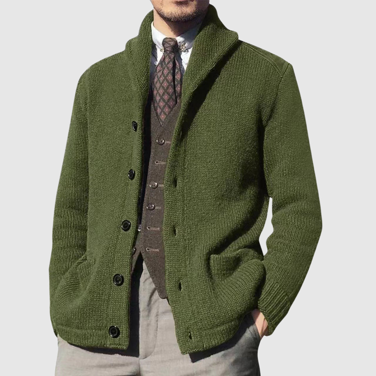 Cardigan Tricot Vintage Theodore Willow Avec Col Revers Et Design Bicolore Élégance Moderne