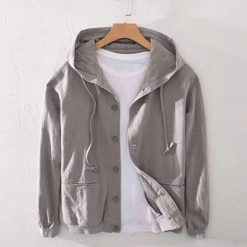 Veste Légère En Lin Mélangé À Boutons Pour Homme Avec Capuche À Cordon Et Poches Frontales Coupe Décontractée