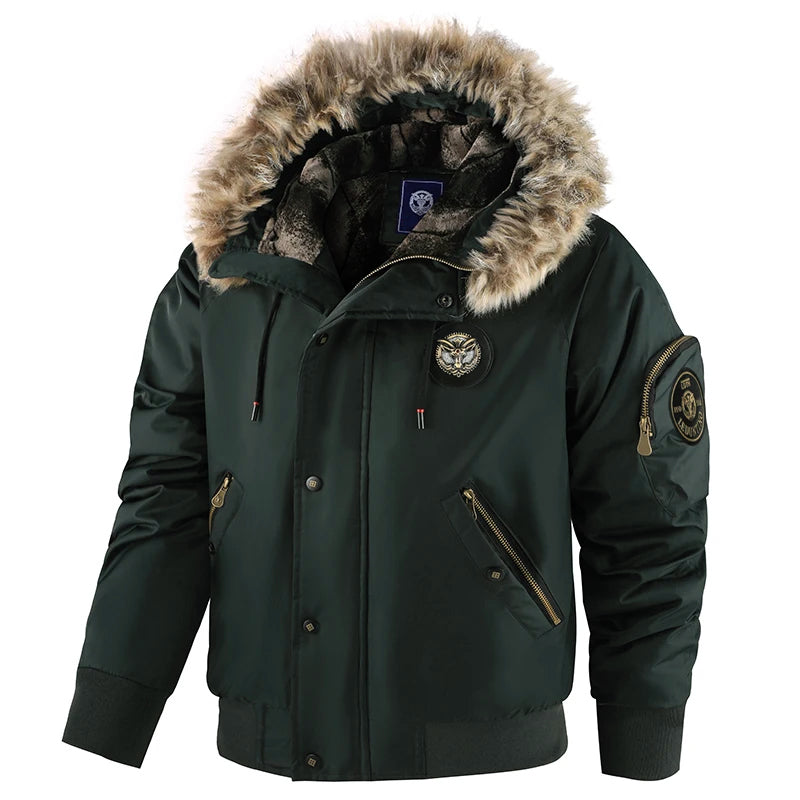 Manteau Hiver Homme Épais Rembourré OutdoorPro Avec Capuche Bordée De Fourrure Anti Vent Zip Poignets Élastique Taille