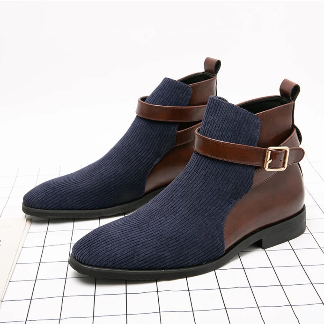 Bottes Tricot Luxe Thoren Pour Homme Avec Talon En Cuir Bout Carré Design Double Texture Boucle Réglable