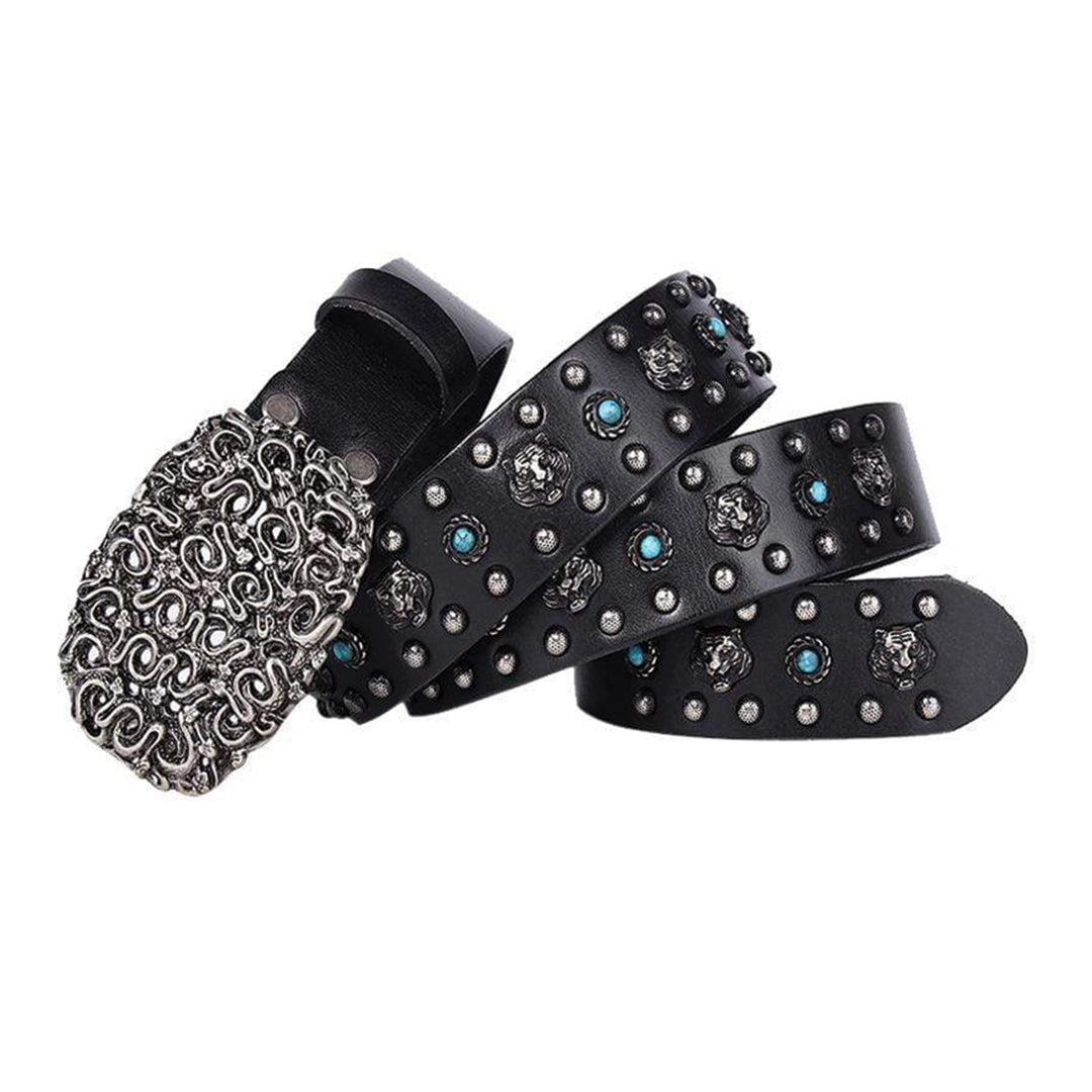 Ceinture Cuir Véritable Avec Clous Tigre Taillés Rivets Turquoise Boucle Métallique Lourde Rétro