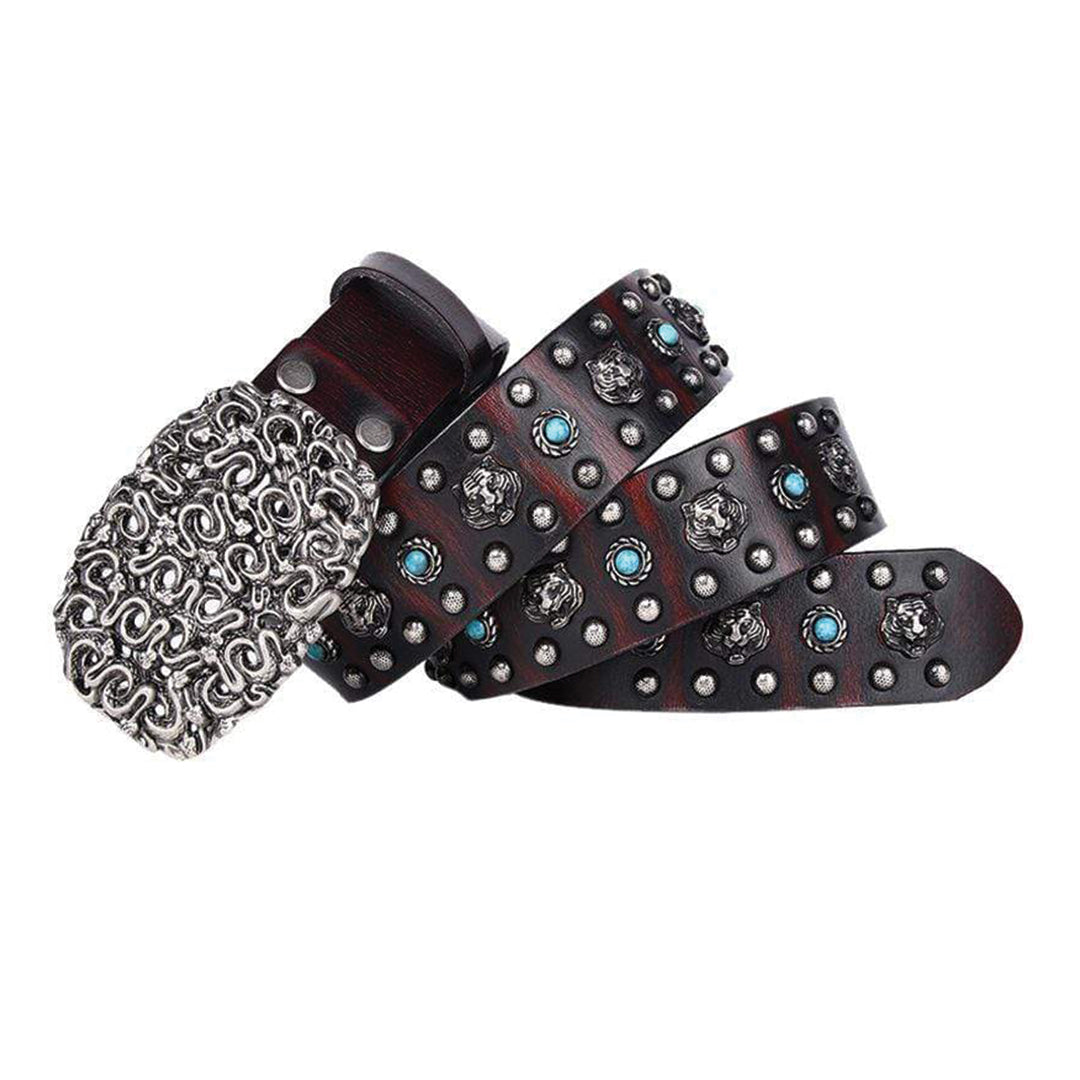 Ceinture Cuir Véritable Avec Clous Tigre Taillés Rivets Turquoise Boucle Métallique Lourde Rétro