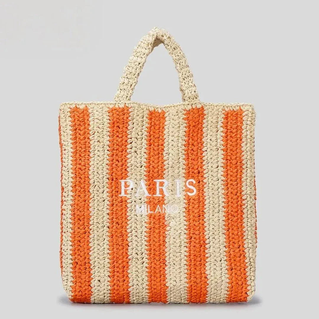 Amawinc Tressa Tote En Paille Tissé À Rayures Orange Fait Main Pour Plage Et Marché