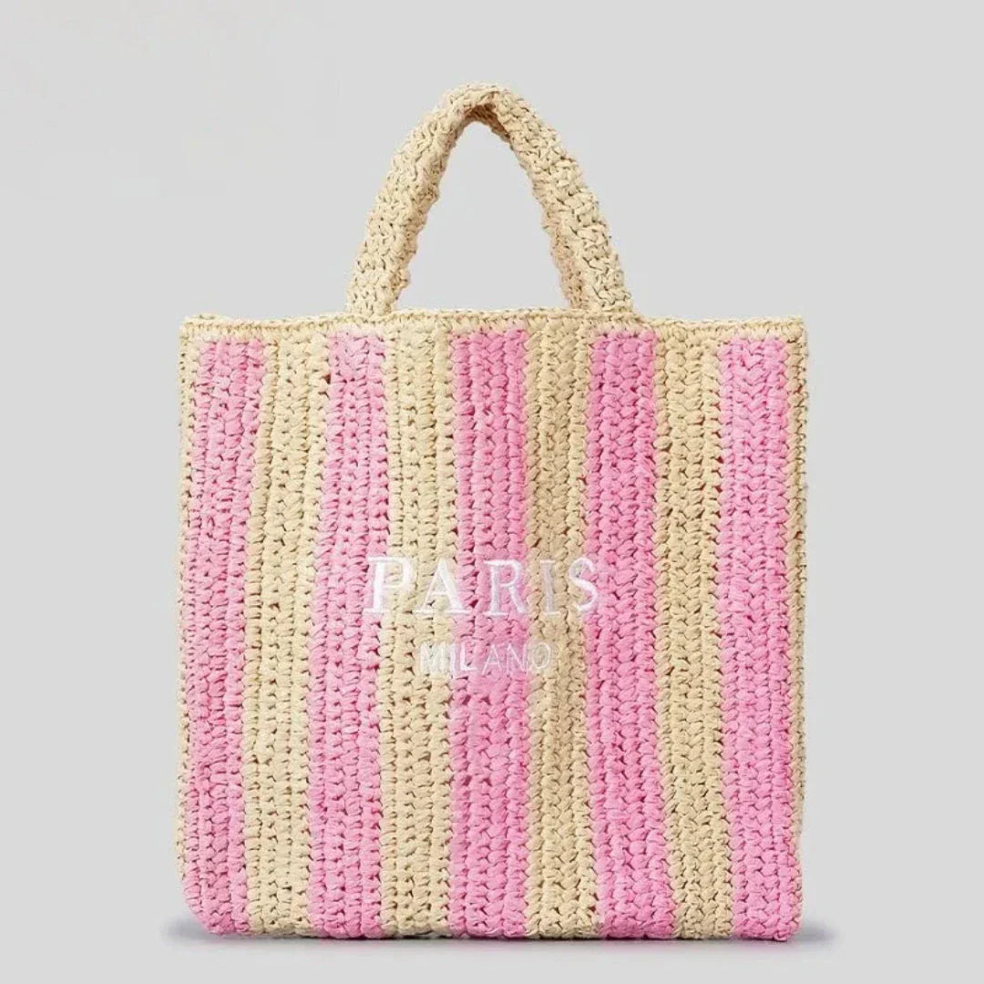 Amawinc Tressa Tote En Paille Tissé À Rayures Orange Fait Main Pour Plage Et Marché