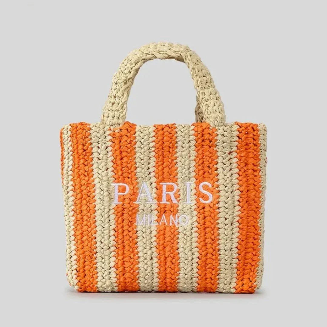 Amawinc Tressa Tote En Paille Tissé À Rayures Orange Fait Main Pour Plage Et Marché
