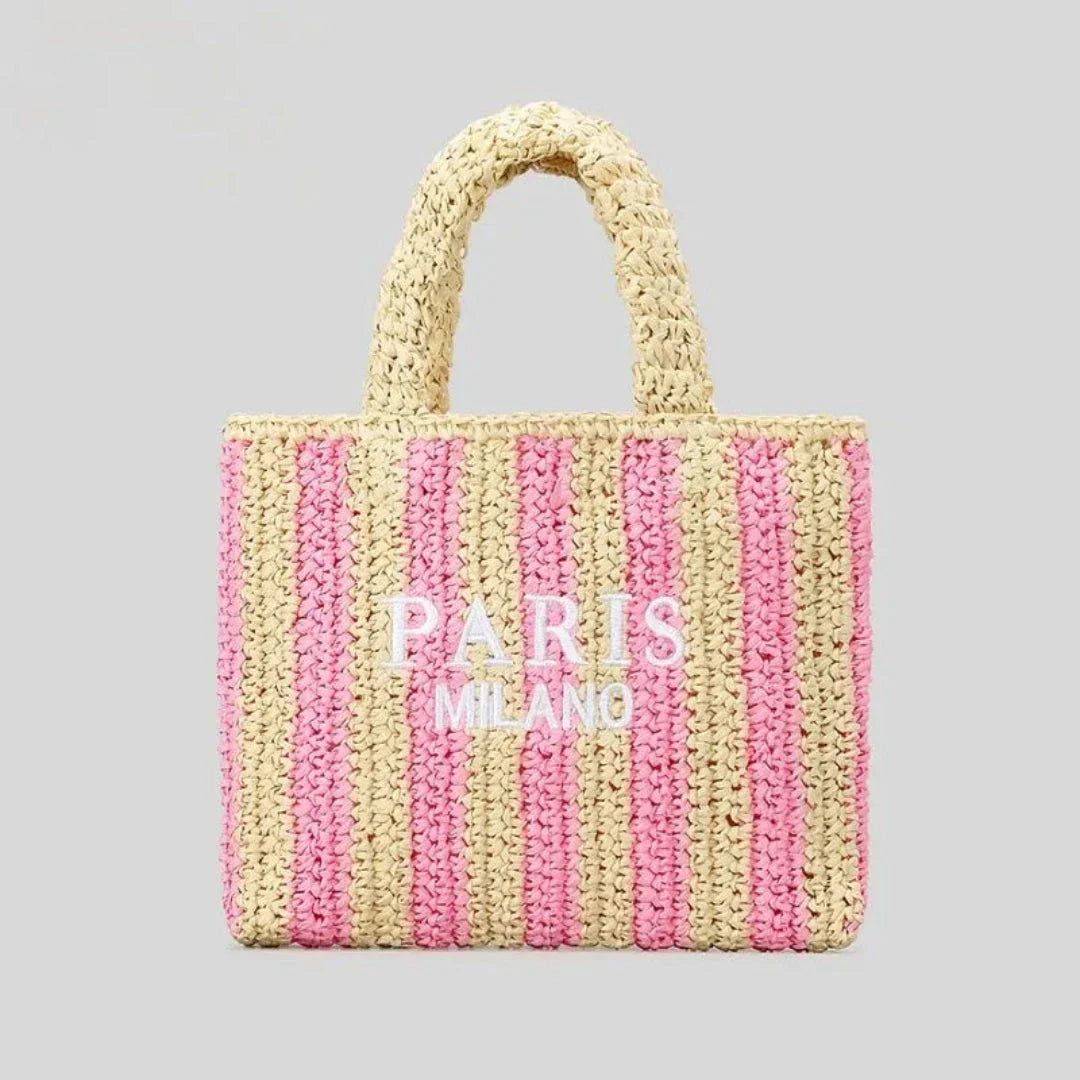 Amawinc Tressa Tote En Paille Tissé À Rayures Orange Fait Main Pour Plage Et Marché