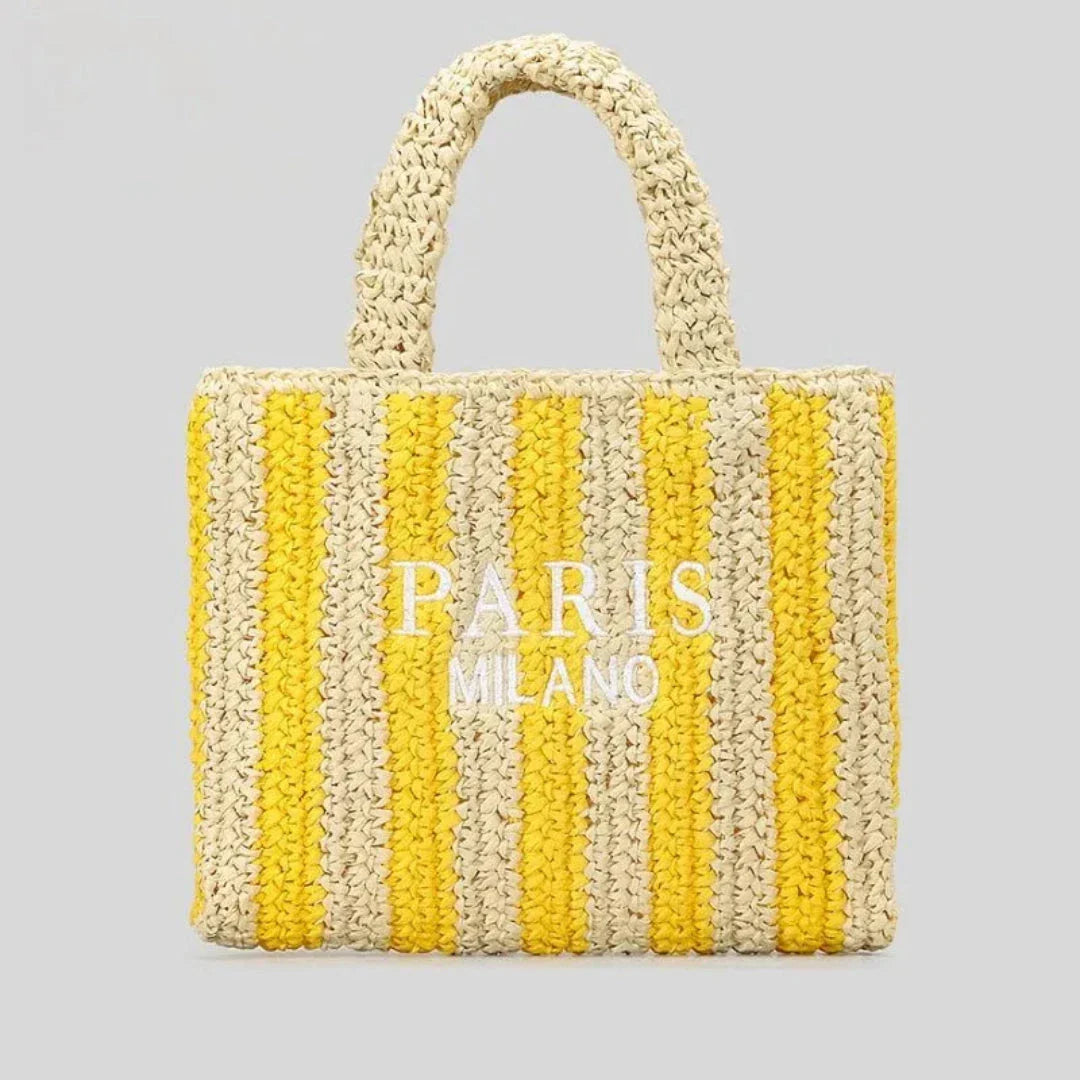 Amawinc Tressa Tote En Paille Tissé À Rayures Orange Fait Main Pour Plage Et Marché