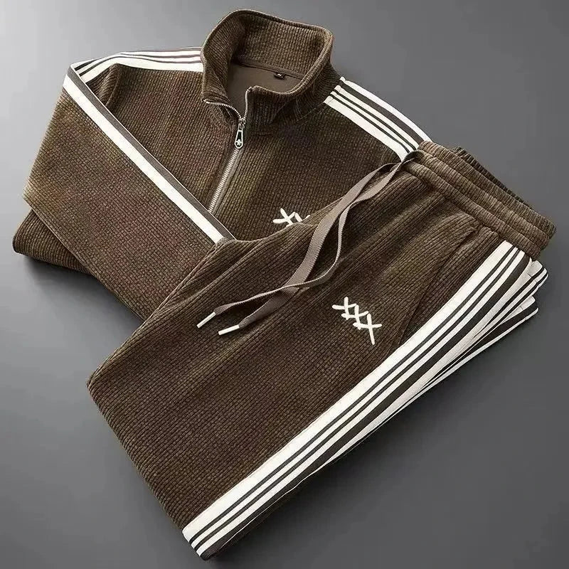Ensemble Survêtement Coton Ribé Demi Zip Et Pantalon Jogger Coupe Droite À Rayures Signature Confort Quotidien
