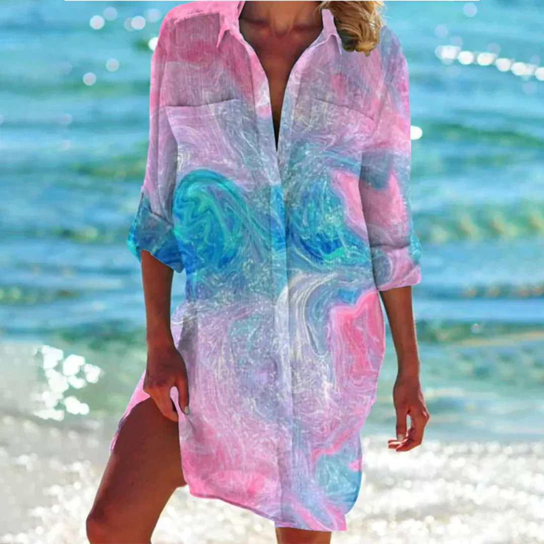 Robe Chemise Femme Amawinc Motif Tie-Dye Coupe Ample Légère Respirante Idéale Été