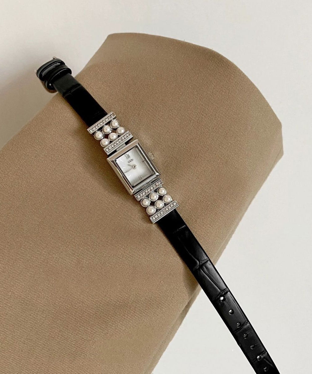 Montres uniques en cuir noir Hardlex Crystal Pearl Zircon - Amawinc