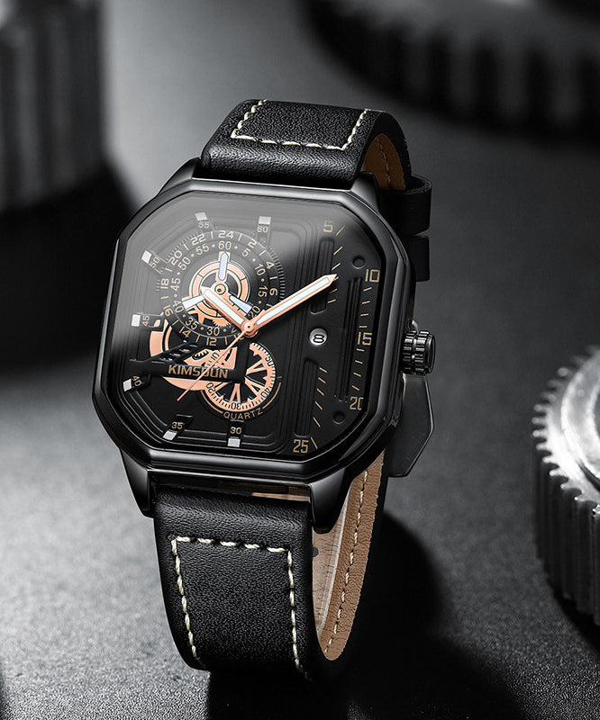 Montres uniques en cuir noir avec mouvement à quartz noctilucent - Amawinc