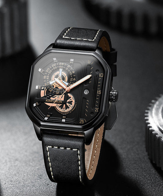 Montres uniques en cuir noir avec mouvement à quartz noctilucent - Amawinc