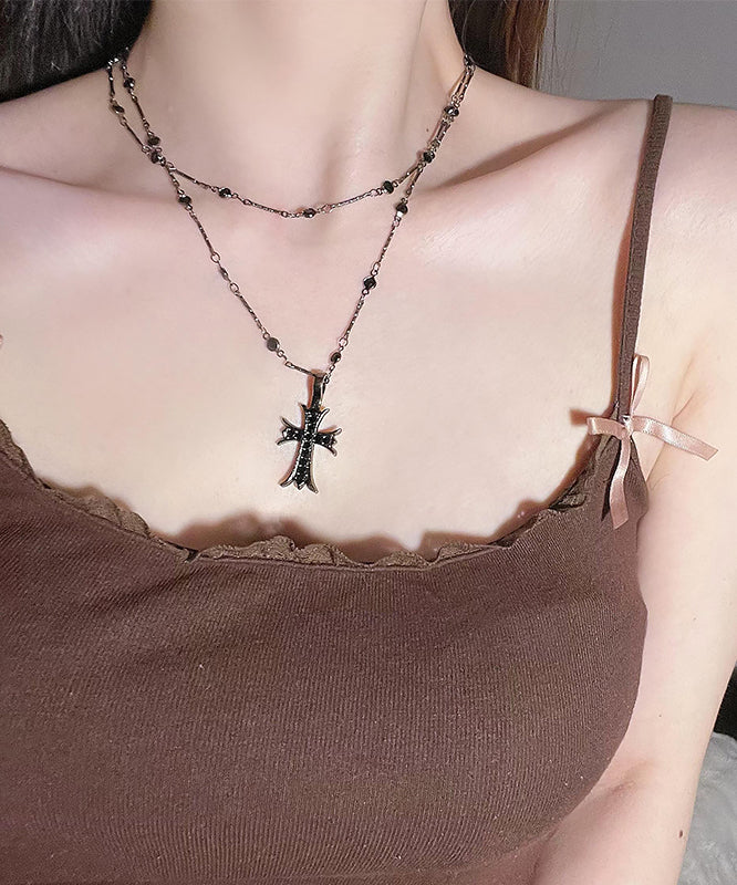Collier pendentif croix double couche unique en acier inoxydable noir - Amawinc