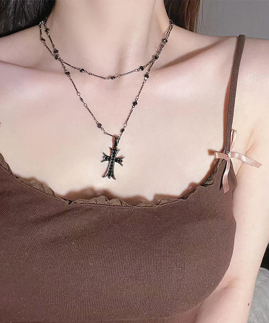 Collier pendentif croix double couche unique en acier inoxydable noir - Amawinc