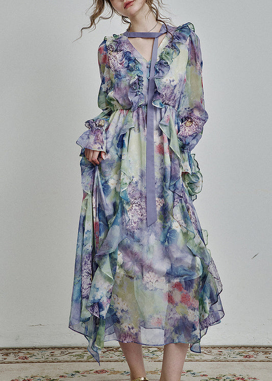 Robe longue en mousseline de soie bleue unique à col en V et volants, imprimée, printemps - Amawinc
