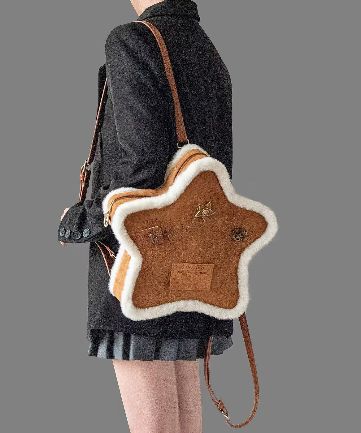 Sac à dos unique en faux daim marron à motif étoile à cinq branches - Amawinc